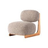 Contemporary designer lounge chair featuring plush cotton linen fabric and elegant Elm wood accents.